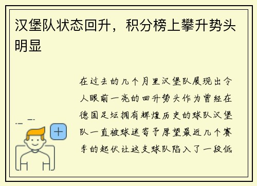 汉堡队状态回升，积分榜上攀升势头明显